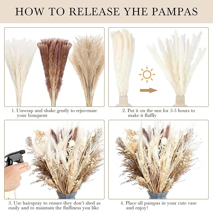 Treela 324 Pcs Dried Pampas Grass Decor 17 Inch White Pampas Reed Grass Fluffy Wedding Boho Flowers 10 Various Natural Dried Flower Bouquet Bunny Tails for Home Table Decor Rustic Farmhouse Party