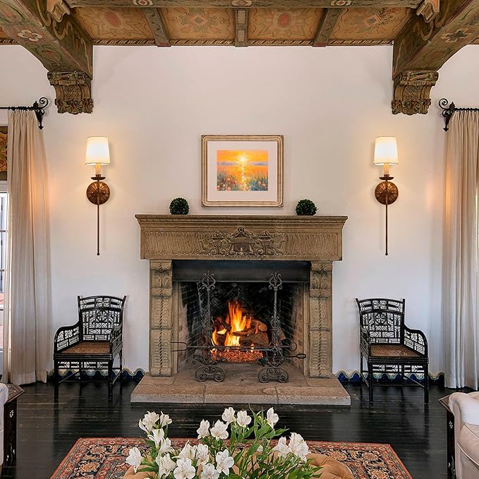 Wall Sconces Set of 2 Antique Brass Wall Lights Vintage Farmhouse Off-White Fabric Wall Lamp for Vanity Stairway Fireplace Living Room Bedside Passway Hallway