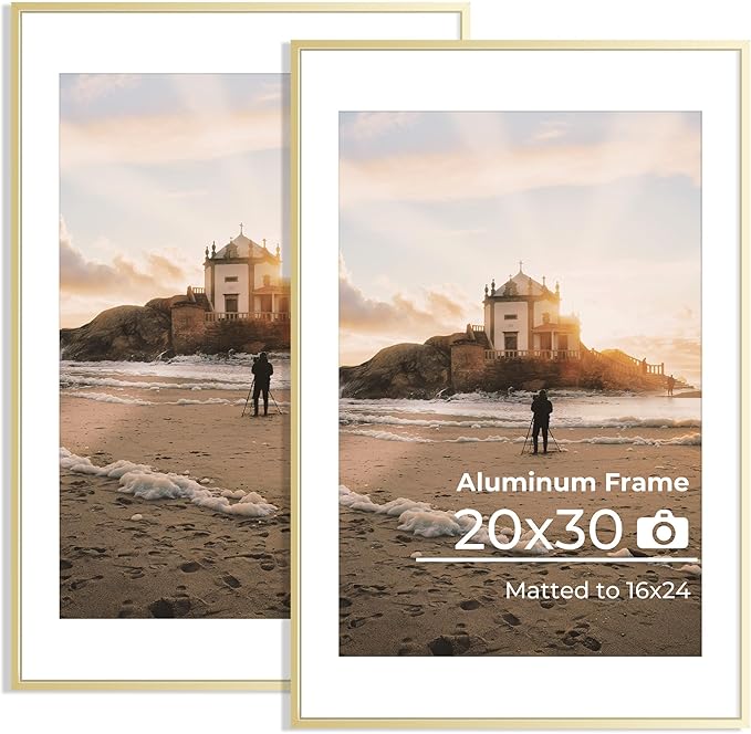 20x30 Aluminum Picture Frame, 20x30 Golden Metal Frame with Mat for 16x24 Photo, Wall Mounting or Tabletop Display, Poster Frame Sawtooth Picture Hangers Included for Home Wall Decor, Set of 2