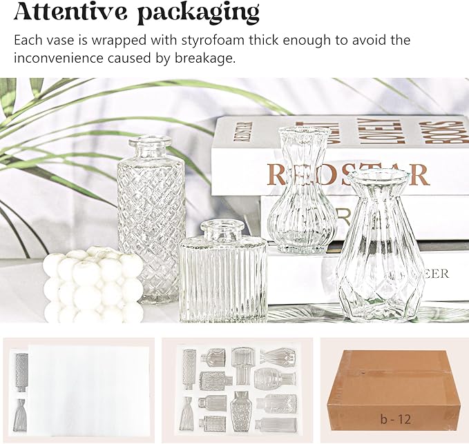 Set of 12 Glass Bud Vase Set, Small Vintage Clear Flower Vase Centerpieces for Table Bulk Cute Rustic Style Mini Vase for Home Decor Wedding Baby Shower Birthday Party