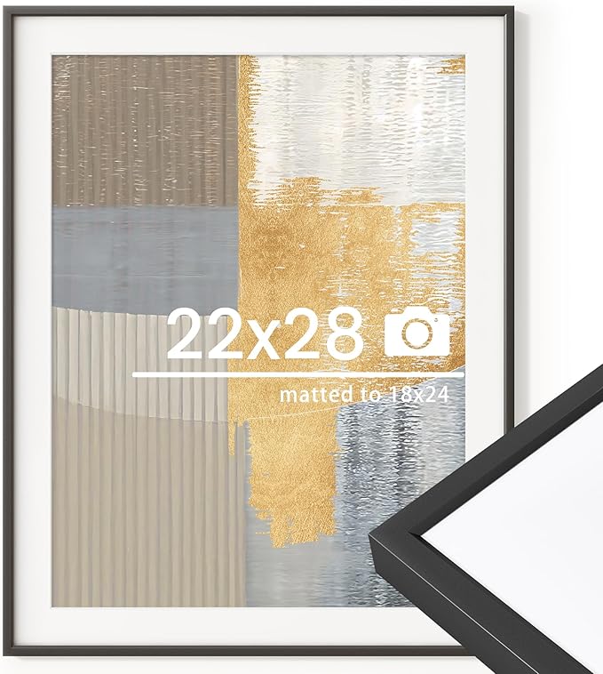 22x28 inch Metal Poster Frame - 22 x 28 Thin Aluminum Picture Frames Matted for 18x24 Photos, Artworks, Prints, Puzzle - High Definition Plexiglass - Vertical and Horizontal Display - Wall Hook Hanging Hardware Included - Black, Set of 1
