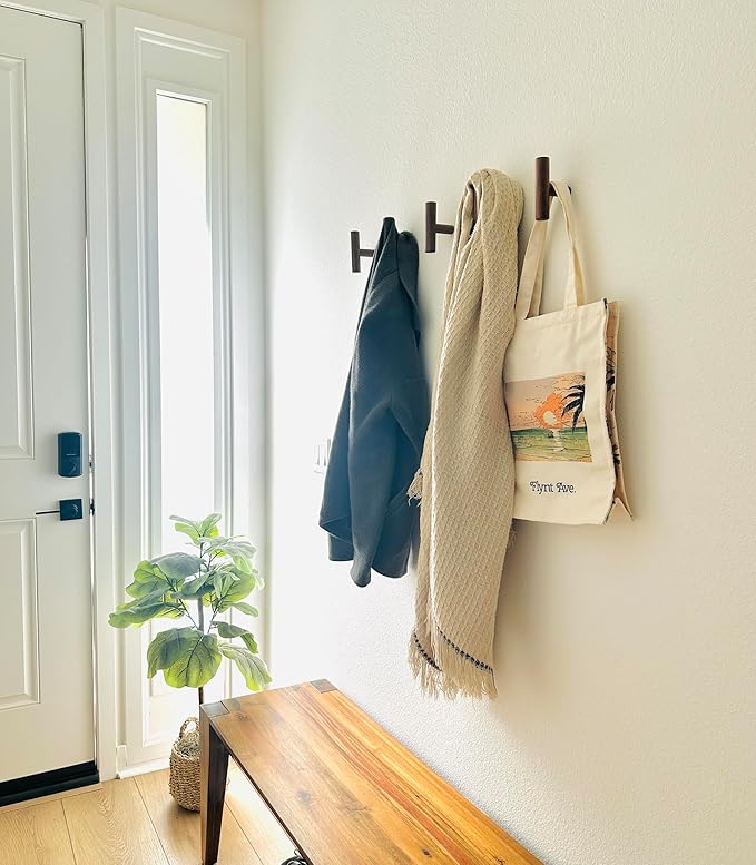 Wooden Coat Hooks, Decorative Wall Hooks for Bags, Hats, Coats, Purse, Heavy Duty, Sturdy, Natural Walnut, Easy to Install, Holds Up to 7lbs - Pack of 5