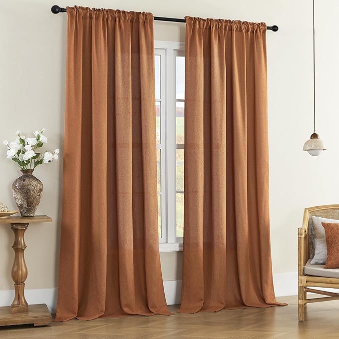Desert Orange Curtains 96 Inch Length for Living Room 2 Panel Back Tab Rod Pocket Drape Light Filtering Semi Sheer Linen Textured Curtain for Bedroom Modern Farmhouse Decor 60x96 Long