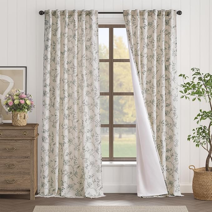 Lazzzy Farmhouse Lined Linen Gray Floral Curtains 96 Inch Length Back Tab Drapes for Living Room Bedroom Light Filtering Country Vintage Rod Pocket, 2 Panels, Grey on Beige
