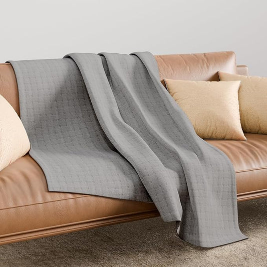 Full/Queen (90"x90") Light Gray 100% Cotton – Soft, Breathable, Anti-Odor, Warm & Cozy Bed Blanket for All Seasons, Basket Weave, Luxury Bedding