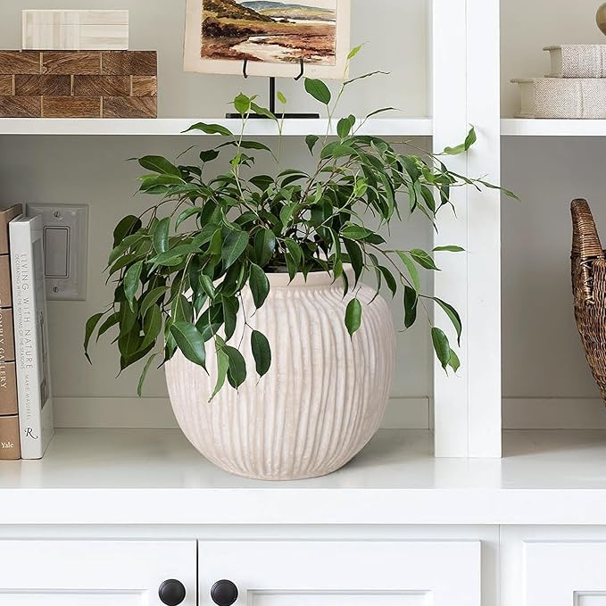 Oakrain Large Rustic Minimalist Vase, 9" Distressed Round Floor Vase for Home Decor, Farmhouse Centerpieces Planters for Living Room Indoor Outdoor Use, Vintage White