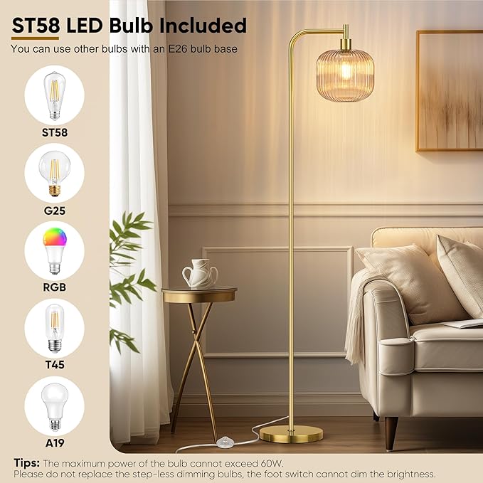 QiMH Glass Floor Lamp for Living Room, Modern Standing Lamp with Ribbed Champagne Glass Lampshade Pedal Switch, 67” Tall Lamp for Bedroom Study Room, Brushed Gold (2700K LED Bulb Included)