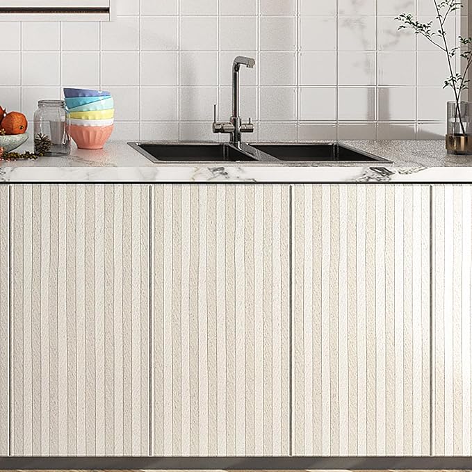 Livelynine 15.8x394 Beige Wood Panel Peel and Stick Wallpaper Tan and White Striped Wallpaper for Bedroom Modern Living Room Wall Paper Stick on Wood Panels for Wall Decor Wood Contact Paper for Walls