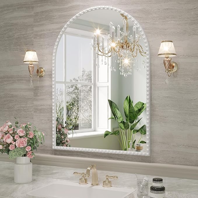 Arched Mirror for Wall, 22"x30" White Arch Bathroom Vanity Mirrors, Metal Floral Frame Decorative Arch Wall Mirror, White Arched Mirrors for Washroom, Bedroom, Entryway, Living Room