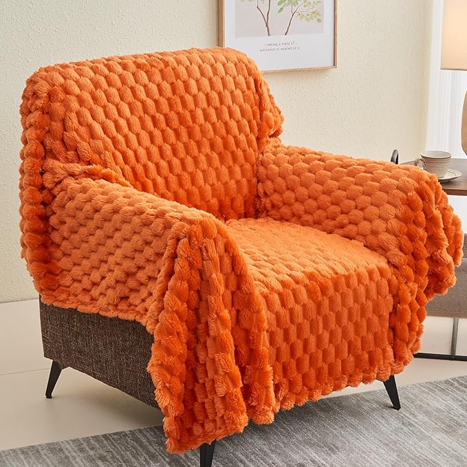 NEWCOSPLAY Super Soft Fall Throw Blanket Orange Premium Silky Flannel Fleece 3D Clouds Stylish Jacquard Lightweight Bed Blanket All Season Use 350GSM (Orange, Throw(50"x60"))