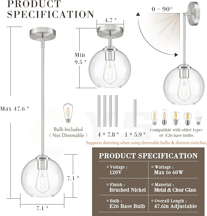7 Inch Nickel Modern Pendant Lights Kitchen Island Mid Century Modern Pendant Light Fixtures with Clear Glass Globe Modern Hanging Pendant Light for Bathroom Bedroom （Bulb Incl）