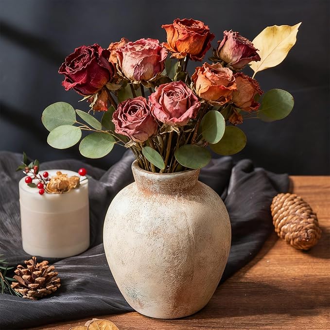 Ceramic Decorative Flower Vase | 6 Inch Pottery Rustic Farmhouse | Boho | Whitewashed Terracotta Vase for Home Decor, Table, Living Room, Bathroom, Shelf, Mantel Decoration, Terra