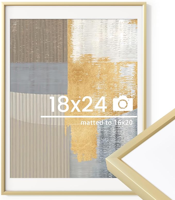 18x24 inch Metal Poster Frame - 18 x 24 Thin Aluminum Picture Frames Matted for 16x20 Photos, Artworks, Prints, Puzzle - High Definition Plexiglass - Vertical and Horizontal Display - Wall Hook Hanging Hardware Included - Gold, Set of 1