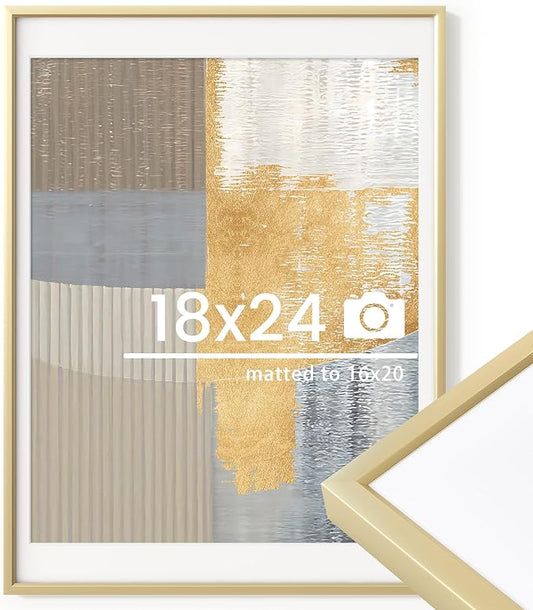 18x24 inch Metal Poster Frame - 18 x 24 Thin Aluminum Picture Frames Matted for 16x20 Photos, Artworks, Prints, Puzzle - High Definition Plexiglass - Vertical and Horizontal Display - Wall Hook Hanging Hardware Included - Gold, Set of 1