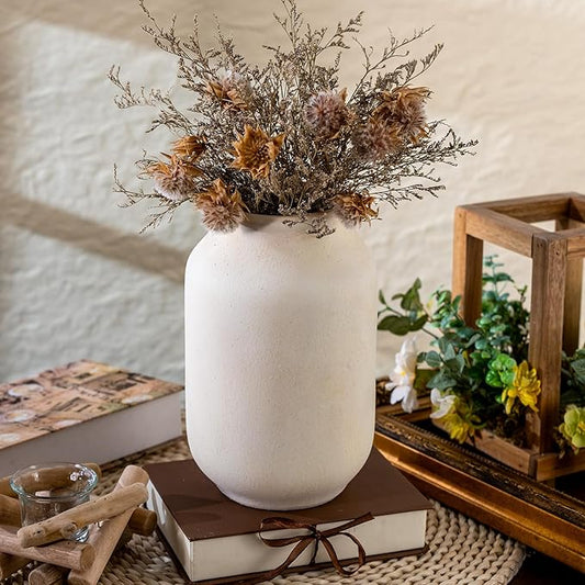 Rustic Ceramic Farmhouse Flower Large Vase, Whitewashed Terra Cotta Vase, Pottery Decorative Flower for Home Decor, Table, Living Room Decoration, Shelf Decor, Mantel, 9.5 Inch, White