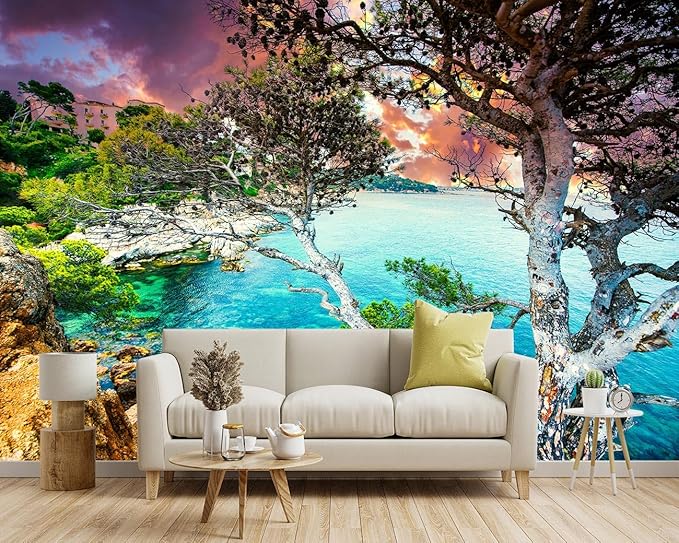 -Summer Sandy Shore Landscapes Fabric Wallpaper Clear Ocean seashores Islands Living Room Bedroom Bathroom Wall Mural- 160"x108"（ not Peel and Stick）