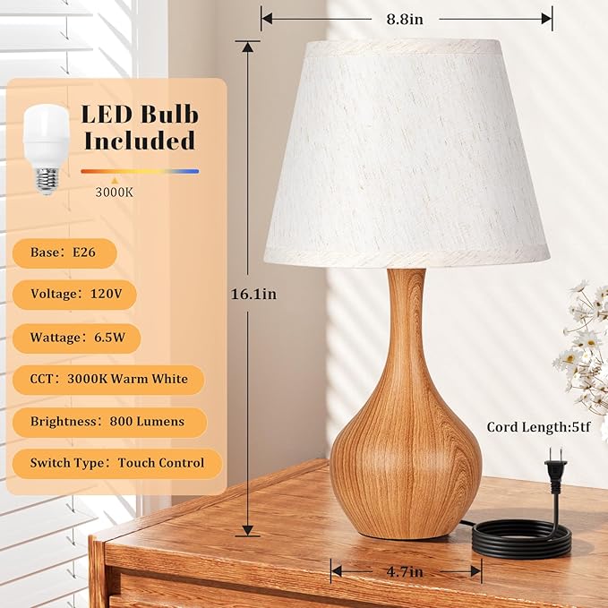 Seealle Touch Table Lamp for Bedroom, 3-Way Dimmable Small Bedside Lamps for Night Stands with Wires, Wood Desk Lamp for Kids Room, Office, Living Room, End Table(LED Bulb Included)