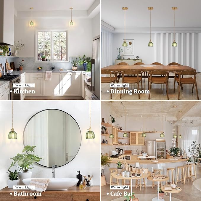Mini Pendant Light 2 Pack with Green Tulip Glass Lmapshade, Brass Vintage Pendant Light Adjustable Hanging Light for Kitchen Island Dining Room Hallway