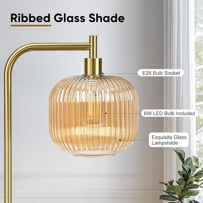 QiMH Glass Floor Lamp for Living Room, Modern Standing Lamp with Ribbed Champagne Glass Lampshade Pedal Switch, 67” Tall Lamp for Bedroom Study Room, Brushed Gold (2700K LED Bulb Included)