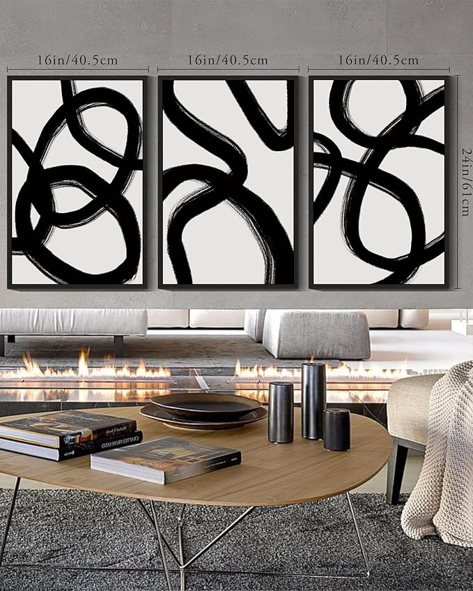 KUVIOKE Black and Wahite Abstract Framed Wall Art Ink Wash Minimalist Lines Painting Artwork for Bedroom Hallway 16x24in (Black Framed)