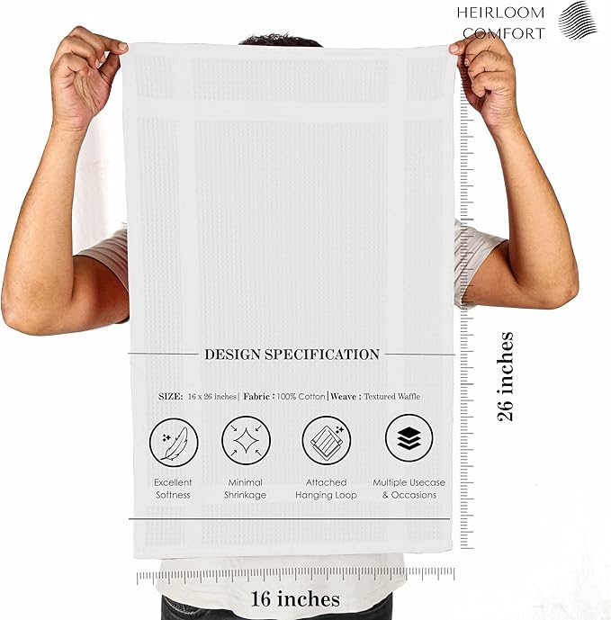 3 Pack White Waffle Weave Kitchen Towels, 100% Cotton, 16"x26", Super Absorbent, Quick Dry Dishcloth Set with Hanging Loop, Soft for Drying Dishes, Cleaning, Hand Towels, Durable