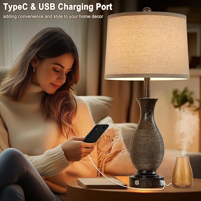 28" Rustic Farmhouse Lamps for Living Room Set of 2 Bedside Table Lamps for Bedroom Nightstand with USB A+C Charging Ports, 3-Way Dimmable Touch Lamp, Brown, Linen Lampshade, LED Bulbs Included