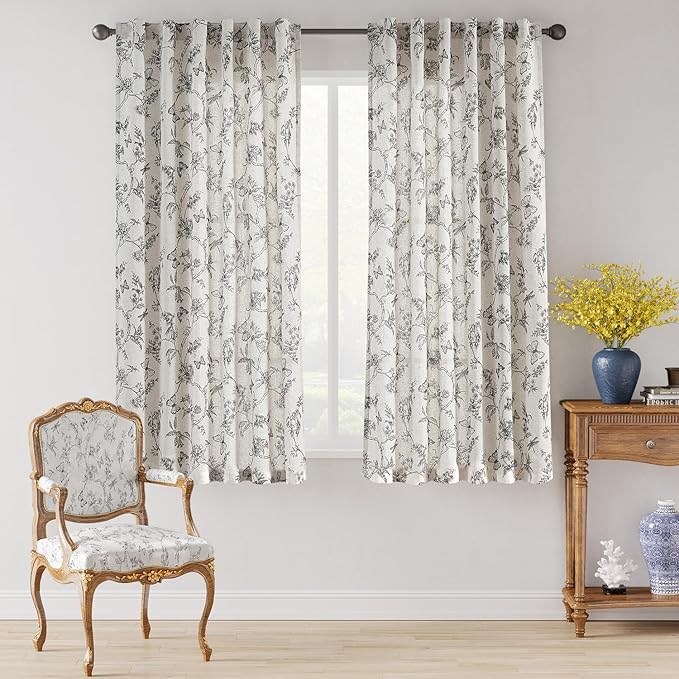 Lazzzy Linen Farmhouse Curtains Black Floral Curtains 63 Inch Length Back Tab Drapes for Living Room Bedroom Light Filtering Country Vintage Rod Pocket Curtain, 2 Panels, Black on Beige