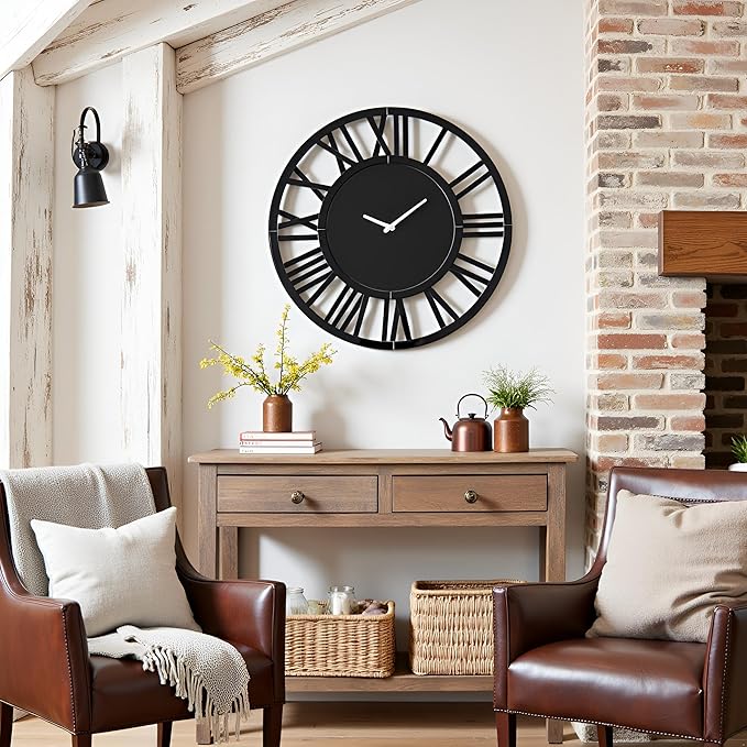 SHYFOY 32" Modern Black Mirror Finish Wall Clock with Roman Numerals – Silent, Non-Ticking – Decorative Wall Clock for Living Room, Bedroom, Office