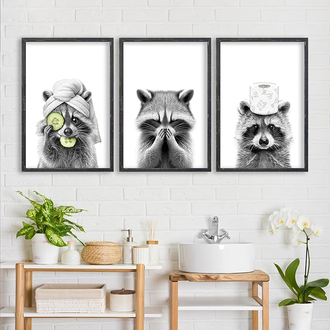 Adorable Raccoon Bathroom Wall Art Decor Set of 3 16x11 Inch Modern Funny Bathroom Sign Wood Framed Rustic Farmhouse Interestring Washroom Animal Prints Wall Hanging (Black)