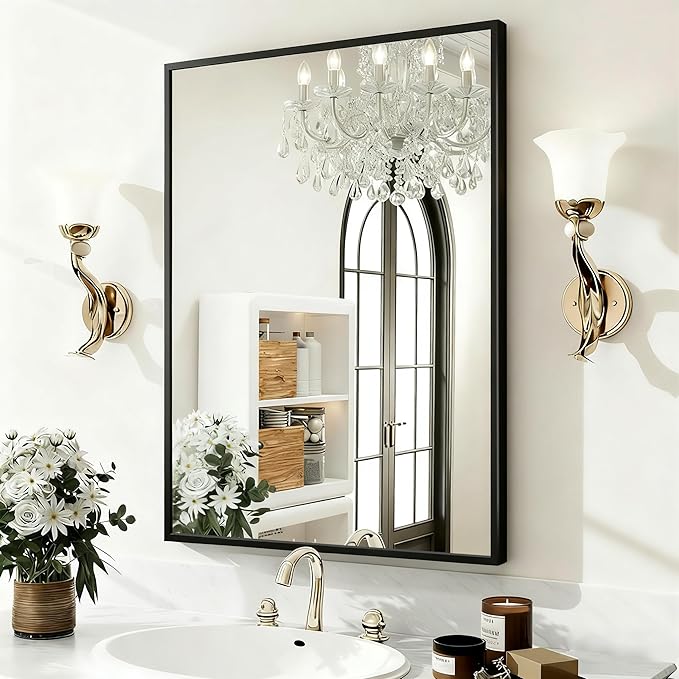 Black Bathroom Mirror 24x36 Inch Rectangular Wall Mirrors Modern Farmhouse Mirror Mounted Rectangle Hanging Mirror Frosted Metal Frame for Bathroom Bedroom Entryway Living/Dressing Room