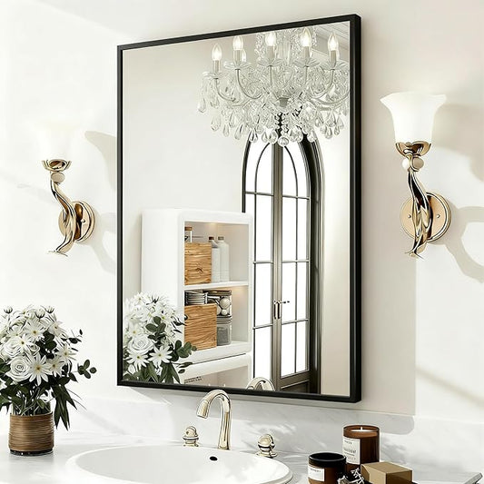 Black Bathroom Mirror 24x36 Inch Rectangular Wall Mirrors Modern Farmhouse Mirror Mounted Rectangle Hanging Mirror Frosted Metal Frame for Bathroom Bedroom Entryway Living/Dressing Room