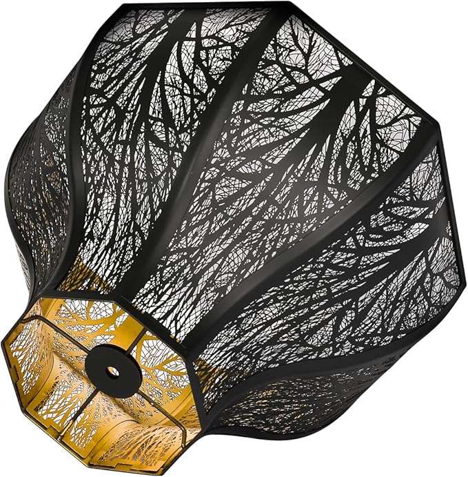 Etched Forest Large Metal Lampshade 5.32 X 13 X 9.5 Inch 8-petal Lotus Shape Fits for Floor Lamp Table Lamp for Living Room Bedroom(Outer Black Inner Gold)
