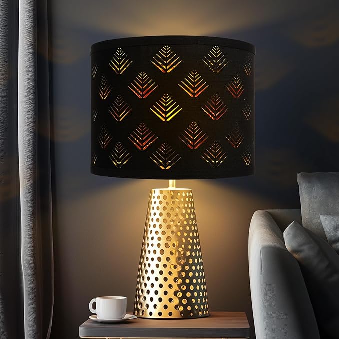 Lamp Shades Set of 2, Drum Lampshades with Leaf Design, 13" Top x 13" Bottom x 10" High (Spider) Modern Linen Lamp Shades for Table Lamp & Bedside Lamp, Assembly Required Black Lampshades Replacement