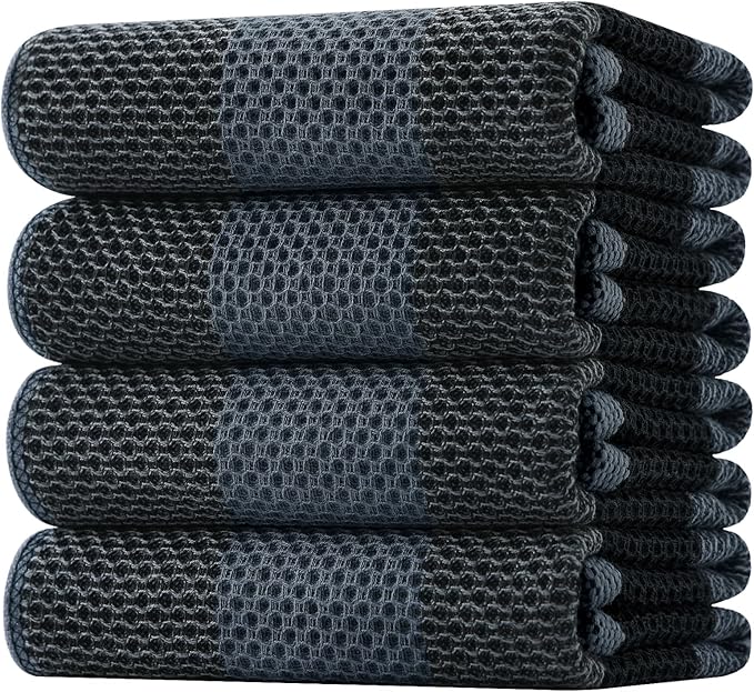 Homaxy 100% Cotton Waffle Weave Check Plaid Kitchen Towels, 20 x 28 Inches, Super Soft and Absorbent Dish Towels for Drying Dishes, 4-Pack, Black & Grey