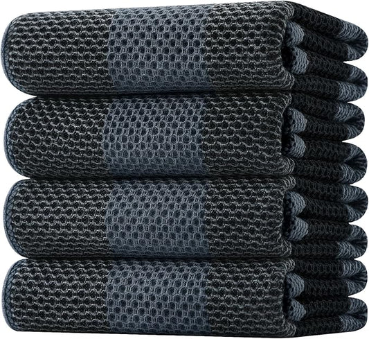 Homaxy 100% Cotton Waffle Weave Check Plaid Kitchen Towels, 20 x 28 Inches, Super Soft and Absorbent Dish Towels for Drying Dishes, 4-Pack, Black & Grey