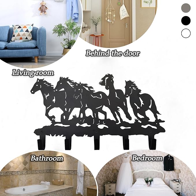 Metal Horse Coat Hooks Wall Art Decor-Horse Hangers and Key Holder-Clothes Rack and Backpack Hanger-Coat Hooks Home Decor for Storage, Living Room, Hallway, Office (Black)