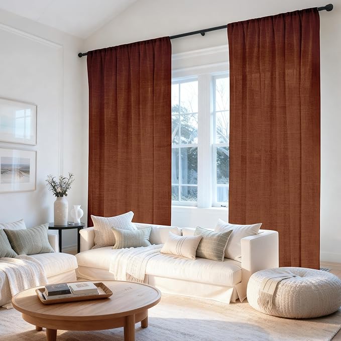 HESTIA Linen Curtains 84 inches Long 2 Panel Set Back Tab Pocket Rustic Farmhouse Boho Drapes for Living Room Semi Sheer Red Orange Window Curtain for Dining Room (84" L x 42" W)