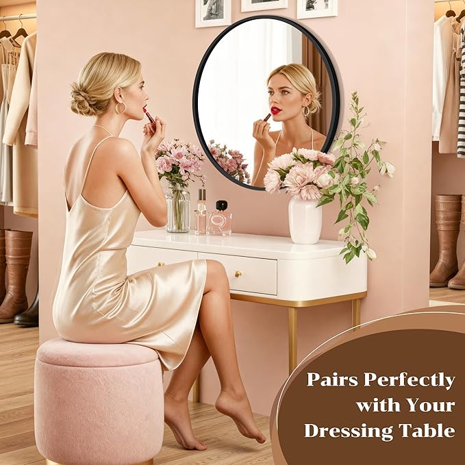 Circle Mirror, Black Round Mirror 20 Inch Round Bathroom Mirror Small Round Mirrors for Wall Decor Frosted Metal Frame Anti-Rust Tempered Glass Mirror for Bedroom Living Room Decorative