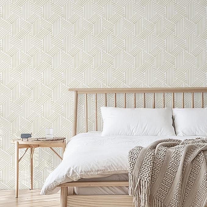 Ismoon 362"x17.3" Boho Wallpaper Modern Peel and Stick Wallpaper White Beige Geometric Contact Paper Neutral Line Removable Wall Paper Textured Hexagon Renter Friendly Kitchen Bathroom Vinyl Roll