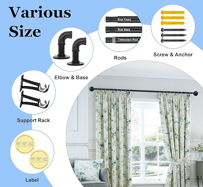 OEMQOBE Curtain Rods for Windows 16 to 84 Inches, Heavy Duty Industrial Curtain Rods 2 pack, Adjustable Wrap Around Blackout Curtains Rod, Black 1 Inch Indoor/Outdoor Drapery Rod