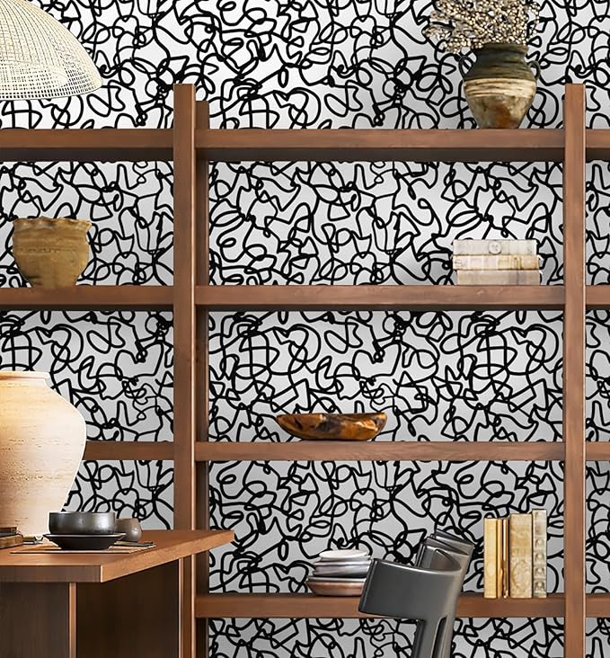 Ismoon 17.3"X393" Unique Black and White Peel and Stick Wallpaper Scribbles Wallpaper Modern Black Contact Paper Thickened Removable Self-Adhesive Contact Paper for Home Decoration Vinyl Film Roll