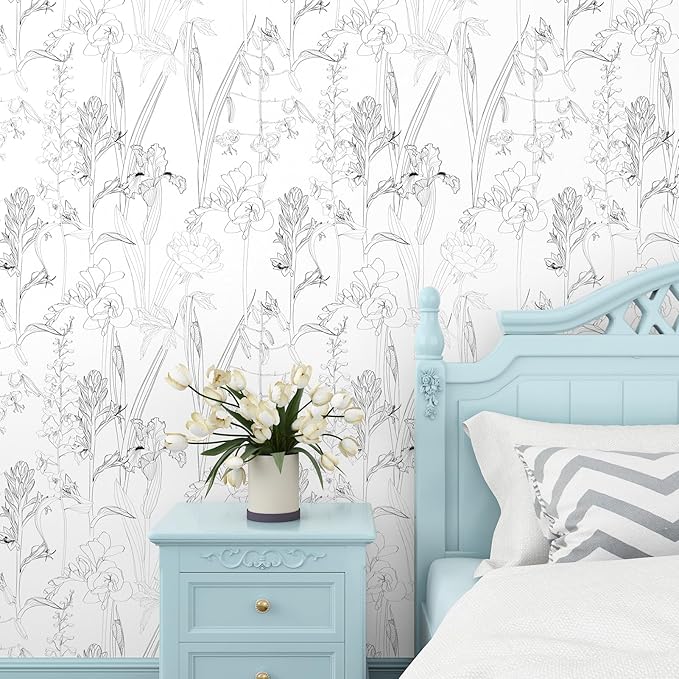 WESTICK Black White Floral Wallpaper Chinoiserie Sketch Floral Contact Paper Modern Iris Flower Peel and Stick Wallpaper for Bedroom Accent Walls Living Room Bathroom Laundry Room Cabinets 17.5"x100"