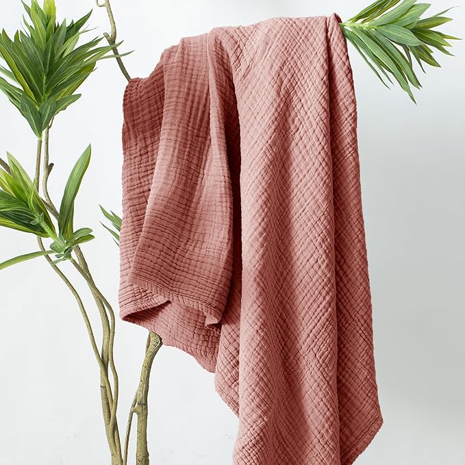 Carriediosa 100% Cotton Muslin Throw Blanket 70" X 80" Twin Size，4-Layers Summer Gauze Throws for Bed Couch，Soft Lightweight Breathable Linen Blankets Bedspread for Adults All Season，Mauve