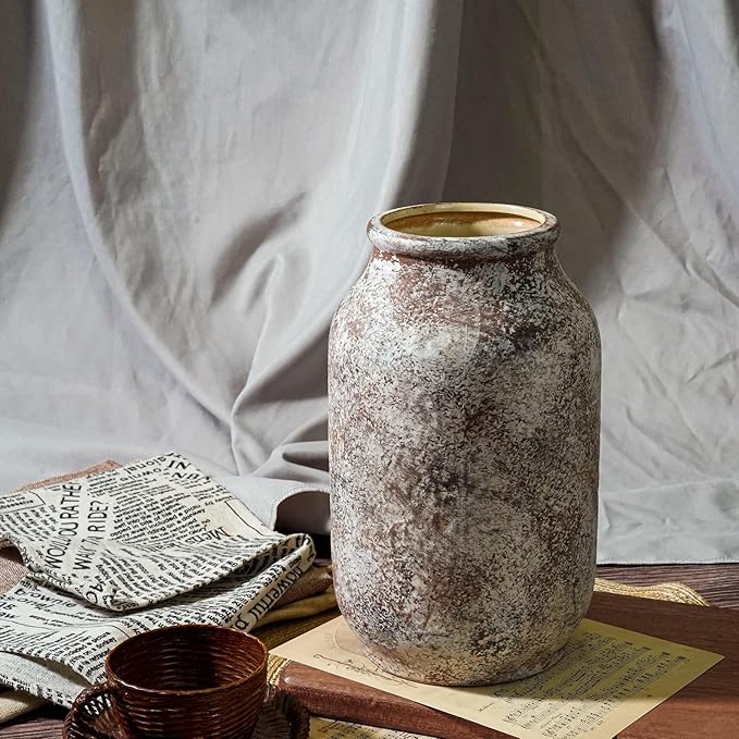 Ceramic Rustic Farmhouse Vase, Terracotta Pottery Flower Vase, Farmhouse Decor for Shelf, Table, Living Room, Bedroom Decor, 9 Inch