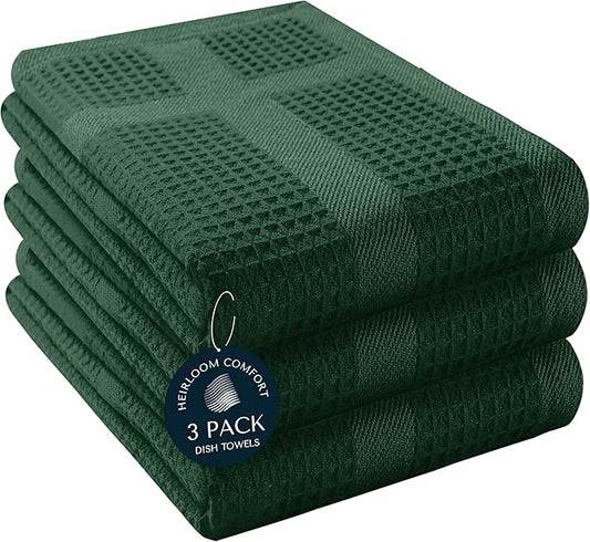 3 Pack Waffle Weave Kitchen Towels, 16x26 Inch, 100% Cotton, Absorbent Dishcloth Set, Quick Dry, Soft for Cleaning, Wiping, Hand Towels, Dish Rags, Wash Cloth, Durable, Forest Green