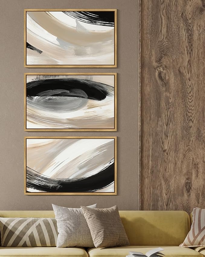 KUVIOKE Modern Abstract Framed Wall Art Black Neutral Minimalist Ink and Wash Graffiti Pastel Wall Decor for Bedroom Living Room 16x24in (Natural Framed)