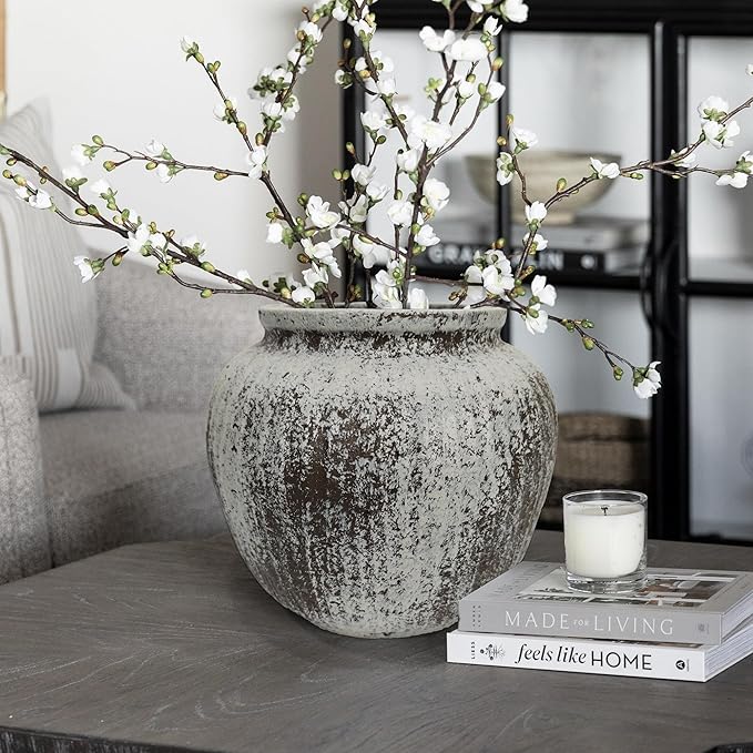 Oakrain Large Rustic Minimalist Vase, 11" Distressed Round Floor Vase for Home Decor, Farmhouse Centerpieces Planters for Living Room Indoor Outdoor Use, Gray