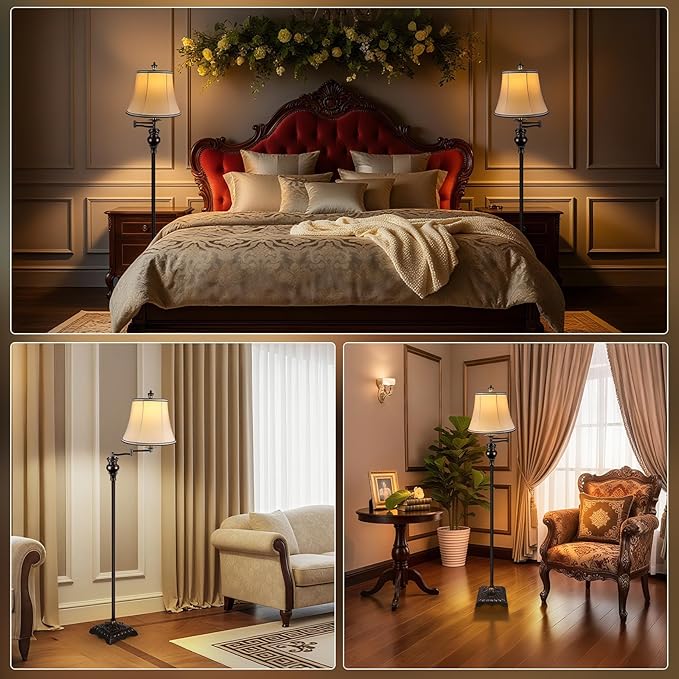 PARTPHONER Vintage Floor Lamps for Living Room,Traditional 350° Adjustable Swing Arm Farmhouse Floor Lamp for Bedroom, Rustic Standing Lamp Pole Lamps for Reading, Home Décor and Office, Brown