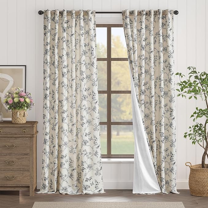 Lazzzy Farmhouse Lined Linen Black Floral Curtains 96 Inch Length Back Tab Drapes for Living Room Bedroom Light Filtering Country Vintage Rod Pocket, 2 Panels, Black on Beige