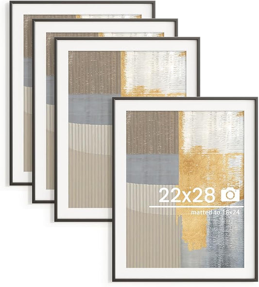 22x28 inch Metal Poster Frame - 22 x 28 Thin Aluminum Picture Frames Matted for 18x24 Photos, Artworks, Prints, Puzzle - High Definition Plexiglass - Vertical and Horizontal Display - Wall Hook Hanging Hardware Included - Black, Set of 4